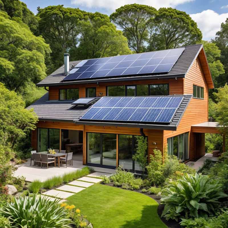 A house with solar panels, surrounded by trees